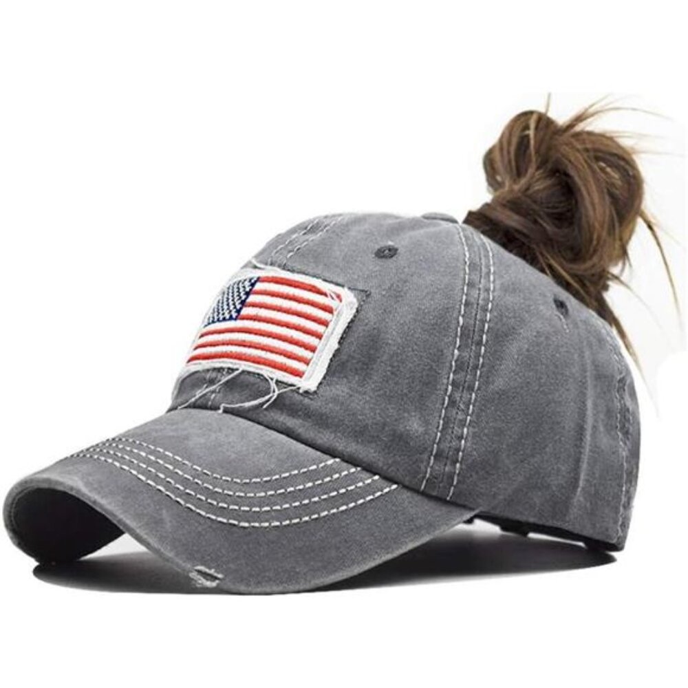 Womens Ponytail Hat Distressed Baseball Cap American Flag High Bun Adjustable